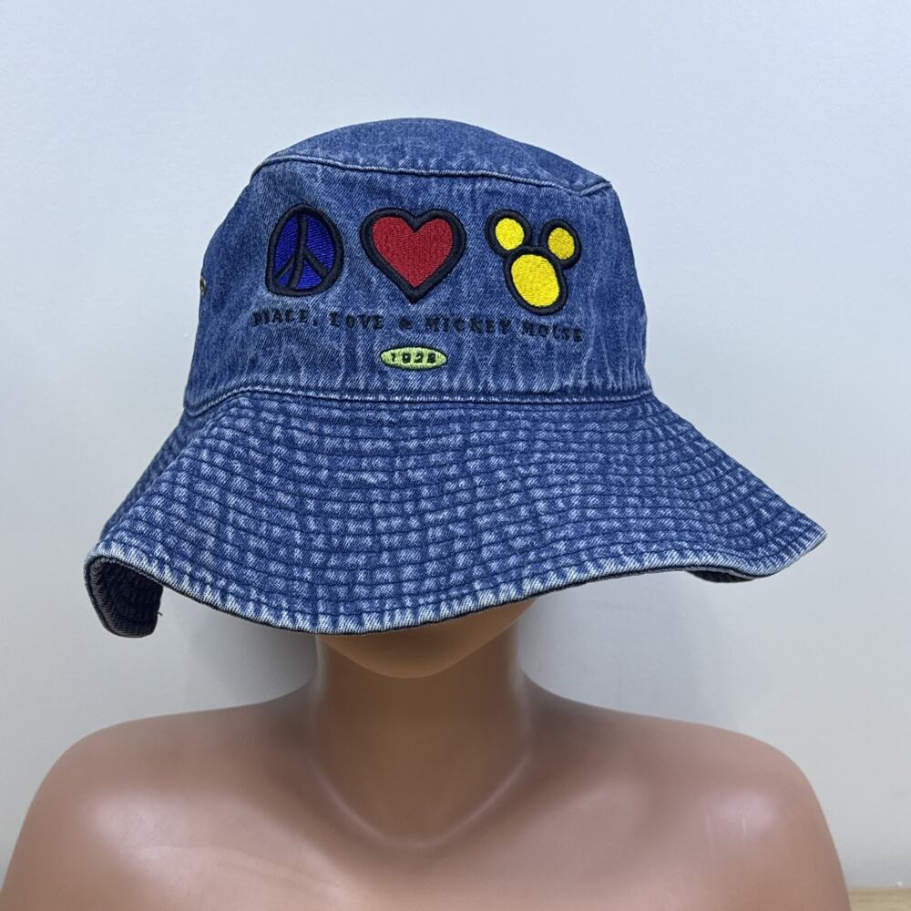 Vintage Disney World Denim Bucket Hat Co One Size Peace Love & Mickey Mouse